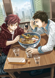 Rule 34 | 2boys, blue eyes, bowl, brown eyes, brown hair, building, chair, chewing, chopsticks, city, cup, dutch angle, eating, glass, jacket, male focus, matsumura (30003), multiple boys, original, placard, plaid, plaid jacket, red hair, red jacket, rice, shrimp, sign, sitting, skyscraper, soy sauce, table