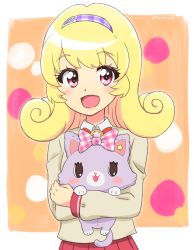 Rule 34 | 1girl, :d, beige jacket, blazer, blonde hair, border, bow, bowtie, checkered bow, checkered clothes, checkered hairband, collar, commentary, curly hair, hairband, highres, hinata yume, holding, holding stuffed toy, ichigo junior high uniform, jacket, kurorook, long hair, looking at viewer, mew (mewkledreamy), mewkledreamy, open mouth, orange background, outside border, pink bow, pink eyes, pleated skirt, purple hairband, red bow, red skirt, school uniform, skirt, smile, star (symbol), star in eye, stuffed animal, stuffed cat, stuffed toy, symbol in eye, twitter username, upper body, white border, white collar, wing collar
