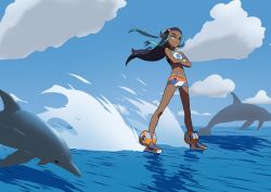Rule 34 | 1girl, aqua eyes, belly chain, bikini, black hair, cloud, commentary, commentary request, creatures (company), crossed arms, dark-skinned female, dark skin, dolphin, flip-flops, game freak, gym leader, hair ornament, jewelry, jumping, long hair, meme, midriff, nadeara bukichi, nessa (pokemon), nintendo, on water, pokemon, pokemon swsh, reflection, rooster tail, sandals, short shorts, shorts, sketch, skimming, sky, solo, sports bra, spray, standing, swimsuit, tankini, water, water surface