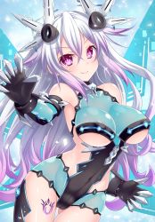 Rule 34 | 1girl, bare shoulders, black heart (chaos form), black heart (neptunia), blush, breasts, claws, corruption, dark persona, elbow gloves, gloves, grey hair, hair ornament, highres, kazuneko (wktk1024), large breasts, long hair, looking at viewer, multicolored hair, navel, nepnep connect: chaos chanpuru, neptune (series), noire (neptunia), pink eyes, pink hair, power symbol, power symbol-shaped pupils, smile, solo, symbol-shaped pupils, tattoo, two-tone hair, underboob, very long hair