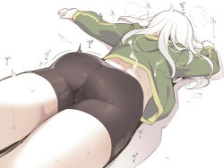 Rule 34 | 1girl, ass, asutora, asutora-chan, bike shorts, cum, cum on clothes, green jacket, heavy breathing, jacket, long hair, long sleeves, lying, on stomach, original, pussy juice, simple background, white background, white hair