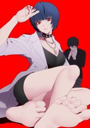 Rule 34 | 1boy, 1girl, amamiya ren, arm up, bare legs, barefoot, black choker, black dress, black hair, blue hair, breasts, choker, closed mouth, coat, collarbone, collared coat, cowlick, crossed legs, dress, eyelashes, feet, foot focus, foreshortening, full body, glasses, hands up, highres, igusaharu, jewelry, kosei high school uniform, lab coat, legs, long sleeves, looking at viewer, medium breasts, nail polish, necklace, on ground, open clothes, open coat, own hands together, persona, persona 5, red background, red eyes, red nails, school uniform, shadow, short dress, short hair, sidelocks, simple background, sitting, sleeves rolled up, soles, studded choker, takemi tae, thighs, toenail polish, toenails, toes, twitter username, white coat