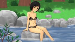 Rule 34 | 1girl, andrea (army gals), army gals, black hair, bra, breasts, female focus, forest, green eyes, highres, nature, navel, outdoors, panties, partially submerged, plant, river, short hair, sitting, solo, tree, underwear, water