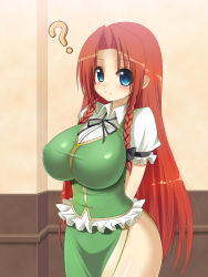 Rule 34 | 1girl, ?, arms behind back, blue eyes, blush, braid, breasts, china dress, chinese clothes, covered erect nipples, dress, female focus, frills, highres, hong meiling, huge breasts, impossible clothes, impossible shirt, long hair, no headwear, no headwear, red hair, shirt, shuz (dodidu), side slit, smile, solo, thighs, touhou