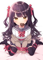 Rule 34 | 1girl, bed sheet, black hair, black sailor collar, black skirt, black thighhighs, blush, bow, breasts, brown cardigan, brown eyes, candy, cardigan, chocolate, chocolate heart, commentary request, eat me, food, food in mouth, hair bow, hair ornament, hairclip, heart, highres, long hair, long sleeves, mouth hold, off shoulder, open cardigan, open clothes, original, pleated skirt, red bow, red ribbon, ribbon, sailor collar, school uniform, serafuku, shirt, sitting, skirt, sleeves past wrists, small breasts, solo, thighhighs, two side up, uramakaron, very long hair, wariza, white background, white shirt