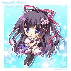 Rule 34 | 1girl, :d, bad id, bad pixiv id, black footwear, black hair, black pantyhose, blue background, blue eyes, blush, bow, character name, cherry blossoms, chibi, commentary request, flower, full body, hair flower, hair ornament, hair ribbon, happy birthday, high ponytail, holding, holding sheath, katana, long hair, looking at viewer, open mouth, pantyhose, pink flower, pleated skirt, ponytail, puffy short sleeves, puffy sleeves, purple bow, red ribbon, ribbon, ryuuka sane, sailor collar, school uniform, serafuku, sheath, sheathed, shirt, shoes, short sleeves, skirt, smile, solo, star (symbol), starry background, sword, twitter username, two-tone background, unmei senjou no phi, very long hair, weapon, white background, white sailor collar, white serafuku, white shirt, white skirt, yaegasumi shino