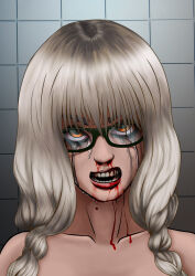 Rule 34 | 1girl, absurdres, blonde hair, blood, blood on face, braid, collarbone, crying, crying with eyes open, emergence (shindol), glasses, hair over shoulder, highres, lipstick, long hair, looking at viewer, makeup, mike soys, open mouth, orange eyes, parted bangs, solo, solo focus, tears, teeth, twin braids, twintails, upper body, yoshida saki