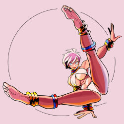 Rule 34 | 1girl, bangle, barefoot, bikini, bracelet, breasts, callan (callancoe), capoeira, commentary request, dated, elena (street fighter), feet, jewelry, large breasts, neck ribbon, open mouth, pink hair, ribbon, short hair, signature, simple background, soles, solo, street fighter, street fighter iii (series), swimsuit, white bikini