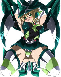 Rule 34 | 1girl, absurdres, akatsuki kirika, armpits, arms up, ass, blonde hair, breasts, cameltoe, cleft of venus, covered erect nipples, full body, gluteal fold, green eyes, green leotard, highres, impossible clothes, impossible leotard, j.h., kneeling, leotard, looking at viewer, medium breasts, puffy nipples, scythe, senki zesshou symphogear, shiny clothes, shiny skin, short hair, simple background, skin tight, skirt, smile, solo, spread legs, striped clothes, striped thighhighs, thighhighs, thighs, underwear, white background
