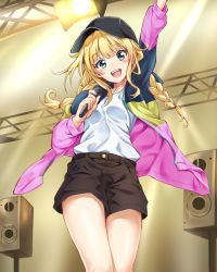 Rule 34 | 1girl, :d, arm up, black hat, black shorts, blonde hair, blue eyes, blunt bangs, commentary request, hat, holding, holding microphone, jacket, long hair, long sleeves, looking at viewer, microphone, multicolored clothes, multicolored jacket, open mouth, paripi koumei, sayuuiede, shirt, shorts, smile, solo, standing, thighs, tsukimi eiko, white shirt