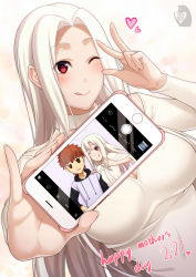 Rule 34 | 1boy, 2girls, alternate costume, brother and sister, cellphone, emiya shirou, fate/stay night, fate/zero, fate (series), highres, holding, holding phone, illyasviel von einzbern, irisviel von einzbern, jewelry, long hair, long sleeves, mother&#039;s day, mother and daughter, mother and son, multiple girls, one eye closed, orange hair, phone, red eyes, ring, shirt, siblings, smartphone, wedding band, white hair, white shirt, zaregoto tsukai no deshi