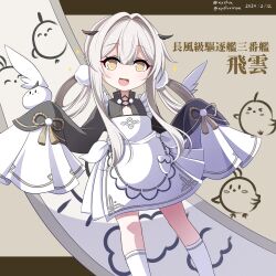 Rule 34 | 1girl, :d, absurdres, azur lane, brown background, brown eyes, commentary request, dated, dress, feet out of frame, fei yuen (azur lane), grey hair, hair between eyes, hair intakes, hair rings, hebitsukai-san, highres, long hair, long sleeves, looking at viewer, low twintails, manjuu (azur lane), open mouth, pleated dress, ribbon-trimmed legwear, ribbon trim, sleeves past fingers, sleeves past wrists, smile, socks, solo, translation request, twintails, twitter username, very long hair, white dress, white socks, wide sleeves