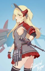 Rule 34 | 1girl, 3four, admiral hipper (azur lane), ahoge, azur lane, black thighhighs, blonde hair, blush, breasts, character name, dress, gloves, green eyes, hair between eyes, headgear, long hair, looking at viewer, military, military uniform, open mouth, sideboob, skirt, small breasts, solo, thighhighs, two side up, uniform
