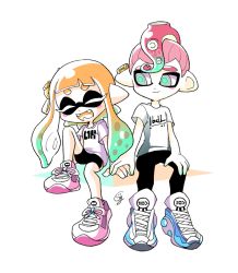 Rule 34 | 1boy, 1girl, ^ ^, bike shorts, black pants, black shorts, blush stickers, closed eyes, couple, ear piercing, fang, ggrks05, gradient hair, green eyes, green hair, hetero, holding hands, inkling, inkling girl, inkling player character, laughing, long hair, looking at another, multicolored hair, nintendo, octoling, octoling boy, octoling player character, orange hair, pants, pastel colors, piercing, pointy ears, punk, red hair, shirt, shoes, shorts, signature, sitting, smile, sneakers, splatoon (series), splatoon 2, splatoon 2: octo expansion, suction cups, t-shirt, tentacle hair, white shirt