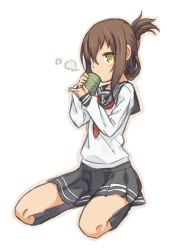 Rule 34 | 10s, 1girl, admiral (kancolle), anchor, auru t, brown hair, coffee cup, cup, disposable cup, drinking, folded ponytail, hair ornament, highres, inazuma (kancolle), kantai collection, kneeling, long sleeves, neckerchief, personification, sailor collar, school uniform, seiza, serafuku, simple background, sitting, socks, solo, teacup, white background, yellow eyes, yunomi