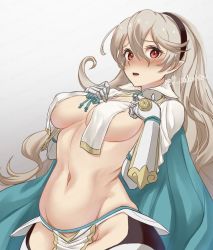 Rule 34 | 1girl, amor, arm guards, armor, blue cape, blush, breast curtains, breasts, cape, collar, corrin (female) (fire emblem), corrin (fire emblem), embarrassed, fire emblem, fire emblem fates, fire emblem if, gloves, groin, hair between eyes, hair ornament, hairband, hairpin, headband, highres, intelligent systems, karashino, large breasts, loincloth, long hair, looking at viewer, navel, nintendo, open mouth, pelvic curtain, pointy ears, red eyes, simple background, solo, thighs, wavy hair, white hair