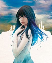 Rule 34 | 1girl, 4boys, black hair, blue eyes, closed mouth, cloud, cloudy sky, commentary request, hair between eyes, hand on own chest, highres, holding, holding staff, lips, long hair, looking at viewer, multiple boys, shirt, sky, sleeveless, sleeveless shirt, solo focus, staff, standing, wataboku, white shirt