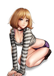 Rule 34 | 1girl, arm support, black eyes, black neckwear, breasts, brown hair, choker, cleavage, closed mouth, crop top, highres, jungon kim, kneeling, leaning forward, long sleeves, looking at viewer, medium breasts, midorikawa hana, panties, photo-referenced, purple panties, shirt, simple background, sketch, sleeves past wrists, solo, striped clothes, striped shirt, underwear, white background