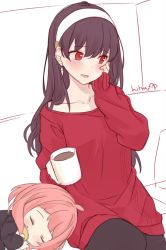 Rule 34 | 2girls, ahoge, anya (spy x family), black dress, black hair, black pantyhose, blush, child, coffee, collarbone, commentary, couch, cup, dress, english commentary, hair between eyes, hairband, hand on own face, hand up, highres, hitsukuya, holding, holding cup, hugging object, long hair, long sleeves, looking away, lying, mug, multiple girls, on couch, on side, pantyhose, parted lips, pink hair, red eyes, red sweater, signature, sitting, sleeves past wrists, spy x family, sweater, sweater dress, unfinished, very long hair, white hairband, yor briar