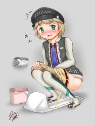 Rule 34 | 1girl, blonde hair, blush, clothes pull, female focus, green eyes, hat, highres, looking at viewer, open mouth, peeing, short hair, shorts, shorts pull, simple background, solo, squat toilet, squatting, toilet, toilet paper, toilet use, trash can