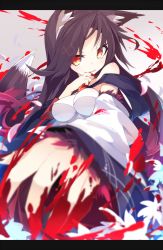 Rule 34 | 1girl, adapted costume, alternate costume, animal ears, arm hair, bare shoulders, blood, blood on hands, blurry, blush, breasts, brooch, brown hair, covered erect nipples, detached sleeves, dress, fangs, finger to mouth, fur, grey background, ichiyan, imaizumi kagerou, jewelry, long hair, long sleeves, looking at viewer, outstretched arm, red eyes, shirt, simple background, skirt, smile, solo, strapless, strapless dress, tail, touhou, very long hair, werewolf, wide sleeves, wolf ears, wolf tail