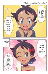 Rule 34 | 1boy, 2koma, :d, androgynous, bare shoulders, black hair, black shirt, blouse, blue eyes, blush, bow, choker, collarbone, comic, creatures (company), crossdressing, dark skin, dress, emphasis lines, english text, fang, fang out, forehead, game freak, gazing eye, gloves, goh (pokemon), hair bow, hair ornament, hairclip, heart, highres, looking at viewer, male focus, nintendo, ojou-sama pose, one eye closed, open mouth, pink background, pokemon, pokemon (anime), pokemon journeys, shirt, short hair, smile, solo, sparkle, speech bubble, spiked hair, text focus, trap, upper body, wink, yellow background