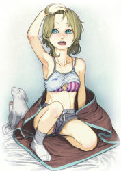 Rule 34 | 1girl, bikini, bikini under clothes, blonde hair, blue eyes, cat, collarbone, freckles, full body, hand on own head, missing tooth, ninny-world, open mouth, original, short hair, shorts, socks, solo, sports bra, striped bikini, striped clothes, swimsuit, swimsuit under clothes, tomboy