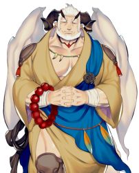 Rule 34 | 1boy, angel wings, another eidos-r, bara, bead necklace, beads, brown kimono, curled horns, demon horns, feet out of frame, horns, interlocked fingers, japanese clothes, jewelry, unworn jewelry, kijimahyogo, kimono, large pectorals, looking at viewer, male focus, mature male, muscular, muscular male, necklace, unworn necklace, official art, old, old man, ornis (another eidos), own hands together, pectoral cleavage, pectorals, pointy ears, sash, short hair, solo, thick eyebrows, thighs, tooth necklace, transparent background, white hair, white wings, wings, wrinkled skin