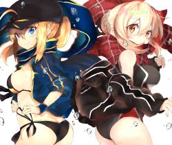 Rule 34 | 2girls, absurdres, ahoge, artoria pendragon (all), artoria pendragon (fate), ass, baseball cap, bikini, black bikini, black one-piece swimsuit, black scarf, blonde hair, blue eyes, blush, braid, breasts, brown eyes, bubble, commentary request, competition swimsuit, cowboy shot, fate/grand order, fate (series), french braid, from side, grin, hair between eyes, hair bun, hand up, hat, highres, hood, hooded jacket, jacket, long hair, looking at viewer, looking back, medium breasts, multiple girls, mysterious heroine x (fate), mysterious heroine x alter (fate), mysterious heroine x alter (first ascension) (fate), mysterious heroine x alter (second ascension) (fate), one-piece swimsuit, open clothes, open jacket, parted lips, plaid, plaid scarf, ponytail, ranf, red scarf, rojiura satsuki : chapter heroine sanctuary, saber (fate), scarf, side-tie bikini bottom, sideboob, sidelocks, simple background, single hair bun, sleeves past wrists, sleeves rolled up, smile, swimsuit, tying, water drop, white background