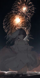 Rule 34 | 1girl, absurdres, aerial fireworks, black eyes, black hair, breasts, cleavage, collarbone, dress, fireworks, floating hair, ghost, gradient hair, halo, highres, looking at viewer, medium breasts, multicolored hair, night, night sky, off-shoulder dress, off shoulder, original, sky, solo, suzukano pon, transparent, wading, white dress, white hair