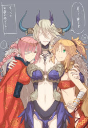 Rule 34 | 3girls, aqua eyes, armor, artoria pendragon (all), artoria pendragon (fate), artoria pendragon (lancer alter) (fate), bandages, blonde hair, blush, bracelet, braid, breasts, cleavage, earrings, closed eyes, fate/grand order, fate (series), florence nightingale (fate), flower, grey background, headgear, highres, hollomaru, horns, japanese clothes, jewelry, kimono, large breasts, long hair, midriff, mordred (fate), mordred (fate/apocrypha), multiple girls, navel, one eye closed, open mouth, pink eyes, pink hair, ponytail, saber (fate), skirt