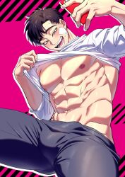 Rule 34 | 1boy, abs, bandaid, bandaid on cheek, bandaid on face, bara, bare pectorals, black hair, black pants, clothes lift, cover, cover page, doujin cover, large pectorals, male focus, muscular, muscular male, navel, nipples, open mouth, original, pants, pectorals, shirt, shirt lift, short hair, smile, solo, textless version, translation request, umedairuka, white shirt