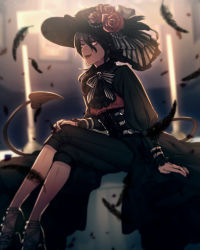 Rule 34 | 1girl, :d, black feathers, black hair, black hat, black nails, black pants, blurry, blurry background, corset, creatures (company), fang, feathers, flower, game freak, gen 2 pokemon, hat, hat feather, hat flower, high heels, highres, houndoom, indoors, invisible chair, long hair, long sleeves, moe (hamhamham), nail polish, nintendo, open mouth, pants, personification, pokemon, red eyes, sitting, smile, solo, tail