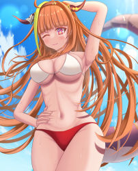 Rule 34 | 1girl, ahoge, arm behind head, arm up, armpits, bikini, blue sky, breasts, cleavage, cloud, dragon girl, dragon horns, dragon tail, from below, hand on own hip, highres, hololive, horns, karobevy, kiryu coco, long hair, medium breasts, messy hair, multicolored bikini, multicolored clothes, multicolored hair, navel, one eye closed, orange hair, refraction, sky, smile, stomach, streaked hair, swimsuit, tail, virtual youtuber, wet, wide hips