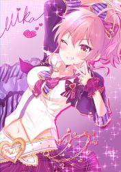 Rule 34 | 1girl, :d, anoa, arm up, bad id, bad pixiv id, belt, blonde hair, blush, bow, bowtie, breasts, character name, cleavage, cropped jacket, gradient background, grin, hair bow, heart, highres, idolmaster, idolmaster cinderella girls, jacket, jewelry, jougasaki mika, lips, long hair, long sleeves, looking at viewer, medium breasts, multicolored bow, multicolored neckwear, nail polish, navel, open clothes, open jacket, open mouth, pendant, pink background, pink hair, pink nails, pink skirt, pinky ring, plaid, plaid skirt, ponytail, purple jacket, ring, shirt, skirt, sleeves past elbows, smile, solo, sparkle, striped, striped bow, teeth, upper body, w, white shirt, wrist cuffs