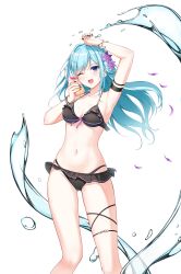 Rule 34 | 1girl, ;d, aqua hair, arm strap, arm up, armpits, bare shoulders, bikini, bikini skirt, black bikini, blue eyes, bottle, breasts, cleavage, closers, collarbone, feet out of frame, flower, frilled bikini, frills, gluteal fold, hair flower, hair ornament, halterneck, hand up, highres, holding, holding bottle, long hair, looking at viewer, medium breasts, nail polish, navel, non-web source, official art, one eye closed, open mouth, smile, solo, stomach, string bikini, swimsuit, thigh strap, thighs, violet (closers), water, wet