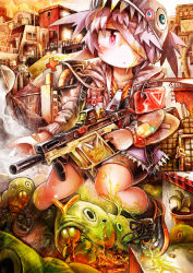 Rule 34 | 1girl, armband, bad id, bad pixiv id, bandage over one eye, bandages, bandaid, caterpillar, cityscape, cross, expressionless, gun, hade na kangofu, hat, original, plant, potted plant, red cross, safety pin, slime (substance), solo, submachine gun, weapon, zipper