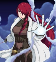 Rule 34 | 1girl, bodysuit, coat, covered navel, cryokinesis, ememtrp, fur coat, highres, holding, holding weapon, ice, kirijou mitsuru, long hair, magic, md5 mismatch, outstretched hand, pale skin, persona, persona 3, persona 4, persona 4: the ultimate in mayonaka arena, rapier, red eyes, red hair, resolution mismatch, smile, solo, source smaller, sword, weapon