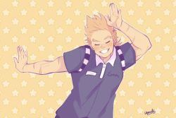 Rule 34 | 1boy, addy (@vegeebs), blonde hair, blue eyes, blue shirt, blush, boku no hero academia, closed eyes, grin, leaning to the side, male focus, open hands, patterned background, scar, scar on arm, shirt, short hair, smile, solo, spiked hair, star (symbol), teeth, togata mirio, toned, toned male, upper body