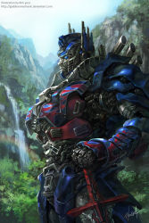 Rule 34 | autobot, blue eyes, highres, kim yura (goddess mechanic), mecha, no humans, optimus prime, planted, planted sword, planted weapon, rainforest, robot, science fiction, solo, sword, transformers, transformers (live action), weapon