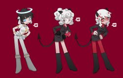 Rule 34 | 3girls, angel, azazel (helltaker), belt, black gloves, black hair, black horns, black tail, blue eyes, blush, breasts, brooch, business suit, clipboard, commentary, cross, demon girl, demon horns, demon tail, drooling, english commentary, formal, full body, gloves, hair ribbon, halo, hands on own hips, heart, heart-shaped pupils, helltaker, highres, horns, id card, jewelry, knifedragon, long sleeves, medium breasts, modeus (helltaker), multiple girls, open mouth, pandemonica (helltaker), pants, pantyhose, pencil skirt, red background, red eyes, red legwear, red shirt, ribbed sweater, ribbon, round eyewear, shirt, short hair, short sleeves, simple background, skirt, smile, spoken heart, suit, sweater, symbol-shaped pupils, tail, teeth, wavy hair, white footwear, white gloves, white hair, white pants