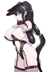 Rule 34 | 1girl, absurdres, animal ears, black eyes, black hair, black leotard, blush, boaplant feeder, bow, bowtie, breasts, cleavage, clothing cutout, detached collar, detached sleeves, fake animal ears, fake tail, fishnet pantyhose, fishnets, from side, fubuki (senran kagura), garter straps, gloves, hair tie, hands on own chest, high ponytail, highleg, highleg leotard, highres, large breasts, leotard, long hair, navel, navel cutout, open mouth, pale skin, pantyhose, playboy bunny, ponytail, rabbit ears, rabbit tail, red bow, red bowtie, senran kagura, senran kagura new link, sideboob, simple background, skindentation, solo, strapless, strapless leotard, tail, traditional bowtie, white background, worried, wrist cuffs, zipper
