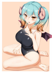 Rule 34 | 1girl, barefoot, bat wings, black one-piece swimsuit, blue hair, blush, breasts, collarbone, demon horns, from above, gradient hair, hair between eyes, hand on own chest, hand on own thigh, horns, lapis (sennen sensou aigis), large breasts, looking at viewer, multicolored hair, numaccha, one-piece swimsuit, open mouth, orange background, orange hair, outside border, pink background, school swimsuit, sennen sensou aigis, shiny skin, simple background, sitting, solo, swimsuit, thighs, tongue, twintails, wariza, wings, yellow eyes