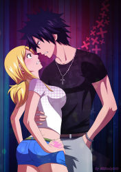 Rule 34 | 1boy, 1girl, angry, teeth, black hair, blonde hair, blush, bracelet, cross, cross necklace, eye contact, fairy tail, gray fullbuster, hand in pocket, highres, indoors, jewelry, long hair, looking at another, lucy heartfilia, milady666, necklace, pants, pendant, sharp, shirt, short hair, shorts, t-shirt, twintails
