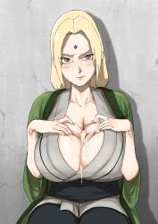 Rule 34 | 1girl, after paizuri, blonde hair, breasts, brown eyes, cleavage, cum, cum on body, cum on breasts, cum on upper body, facial mark, forehead mark, grabbing own breast, gutaigutai, highres, huge breasts, looking at viewer, naruto (series), naruto shippuuden, paizuri invitation, solo, tsunade (naruto)