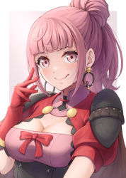 Rule 34 | 1girl, :q, armor, blunt bangs, blush, bow, breasts, brown cape, cape, cleavage, closed mouth, dress, earrings, fire emblem, fire emblem: three houses, fire emblem warriors, fire emblem warriors: three hopes, gloves, hair bun, hilda valentine goneril, hoop earrings, jewelry, large breasts, looking at viewer, mixed-language commentary, nintendo, official alternate hairstyle, pink dress, pink eyes, pink hair, ponytail, puffy short sleeves, puffy sleeves, red bow, red dress, red gloves, short sleeves, shoulder armor, single hair bun, solo, ten (tenchan man), tongue, tongue out, two-tone dress, upper body
