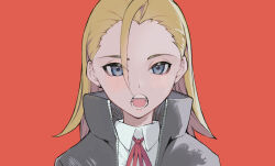 Rule 34 | 1girl, :o, blonde hair, blue eyes, blush, collared shirt, commentary request, do it yourself!!, forehead, grey jacket, highres, jacket, juliet queen elizabeth viii, long hair, looking at viewer, neck ribbon, open clothes, open jacket, open mouth, portrait, red background, red ribbon, ribbon, shirt, simple background, solo, tsurara eeri, white shirt