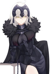 1girl absurdres ahoge armor armored_dress black_dress breasts chain collar dress fate/samurai_remnant fate_(series) gauntlets grey_hair headpiece highres jeanne_d&#039;arc_(fate) jeanne_d&#039;arc_alter_(fate) jeanne_d&#039;arc_alter_(lancer)_(fate) large_breasts looking_at_viewer metal_collar okuma707 plackart short_hair solo yellow_eyes