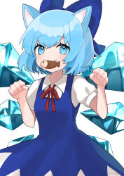 Rule 34 | 1girl, animal ears, blue dress, blue eyes, blue hair, blush, cat ears, cirno, closed mouth, collared shirt, detached wings, dress, fairy, fang, food, food on face, highres, ice, ice wings, machimo, mouth hold, pinafore dress, puffy short sleeves, puffy sleeves, red ribbon, ribbon, shirt, short hair, short sleeves, simple background, sleeveless dress, smile, solo, touhou, white background, white shirt, wings