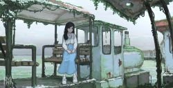 Rule 34 | 1girl, absurdres, bench, black hair, blue dress, chinese commentary, closed mouth, commentary request, dress, highres, hua ming wink, long hair, long sleeves, nature, original, outdoors, overgrown, scenery, shirt, shoes, sitting, smile, sneakers, solo, white footwear, white shirt